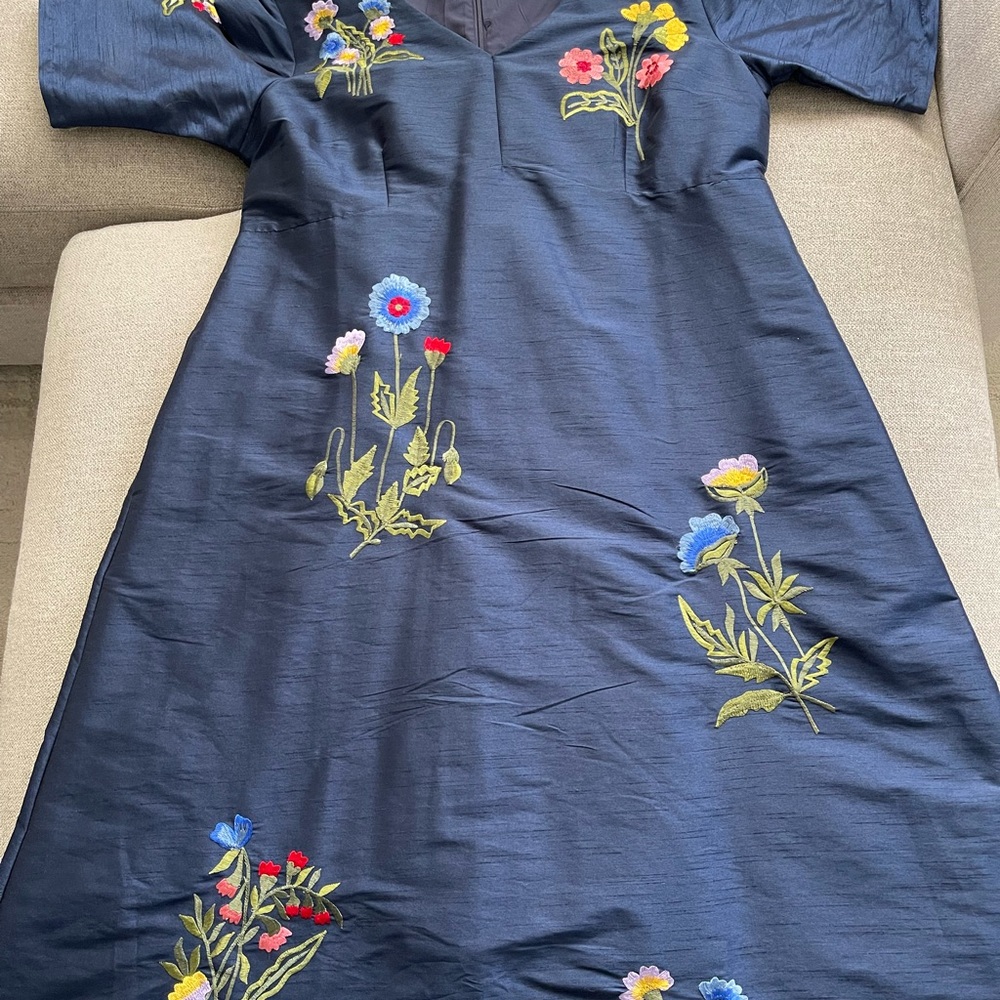 eShakti Navy Floral Embroidered Midi Dress